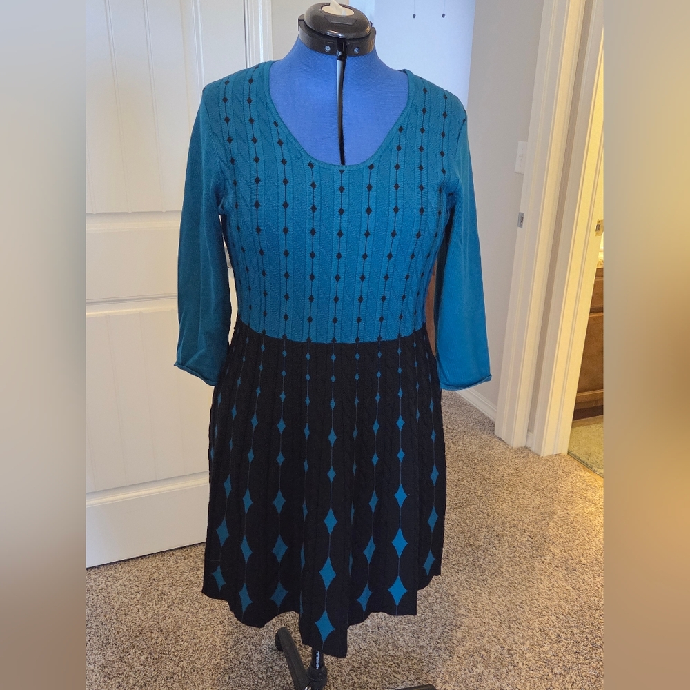 Nina Leonard Teal and Black Patterned Knit Dress XL